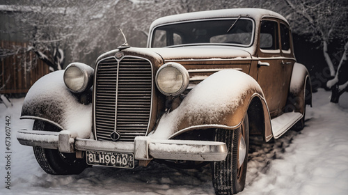 an old-fashioned automobile covered with snow