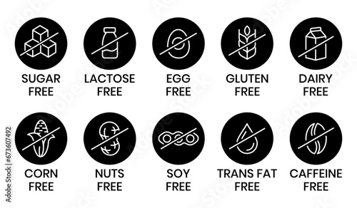Set allergen free icons. Allergen free products. Products warning symbols. Lactose free, gluten free, sugar free, corn free, egg free, trans fat free, soy free, nuts free, coffeine free sign.