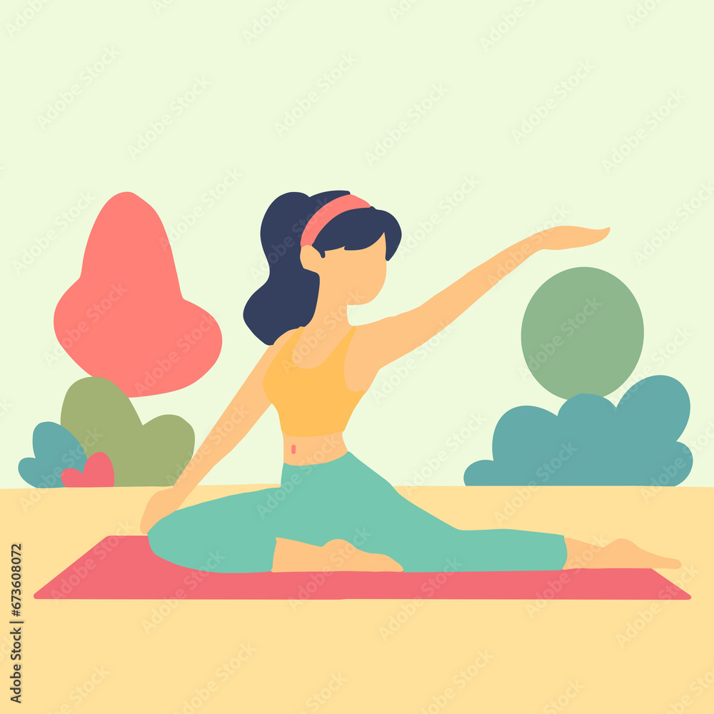 A cartoon woman does yoga outdoors on a mat, stretching her arm, with trees and bushes in the background.