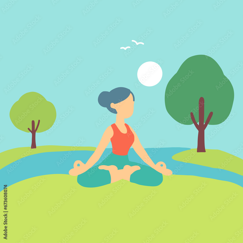 Cartoon girl meditates peacefully in lotus pose on grass with trees, under a clear sky. Cartoon girl meditates peacefully in lotus pose on grass with trees, under a clear sky.