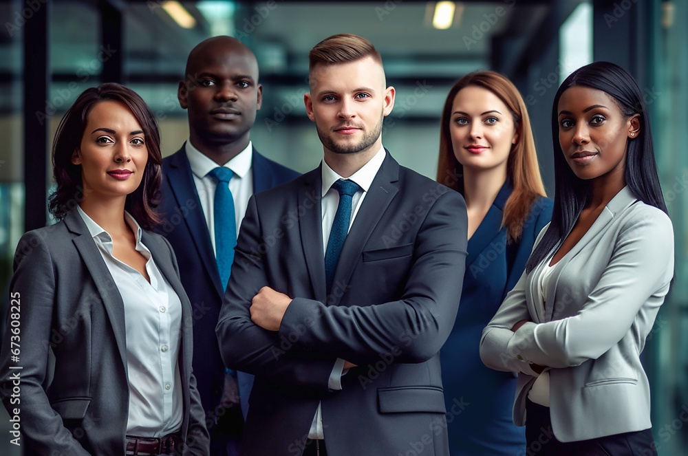 Group of young people in business suits against the background of an office, front view. Group of young people in business suits against the background of an office, front view.