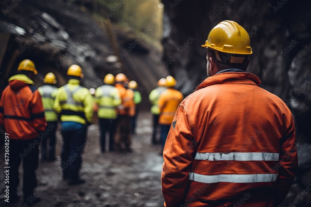 group of people wearing safety jackets in the mining field. mining field. For may day and presentation background group of people wearing safety jackets in the mining field. mining field. For may day and presentation background
