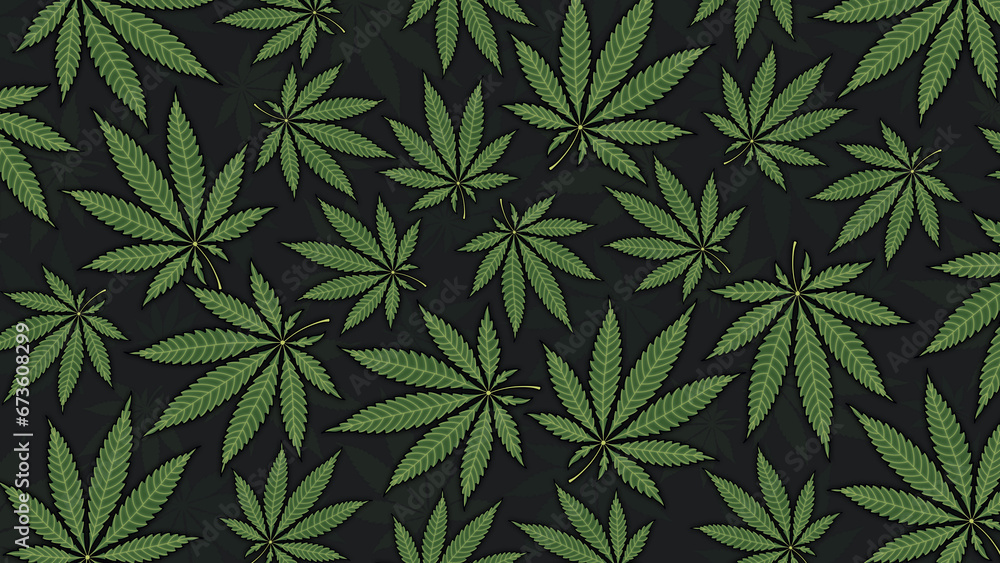 Cannabis leaves illustration black background sativa indica marijuana wallpaper texture art design blank with place for text area copy space - obrazy, fototapety, plakaty 