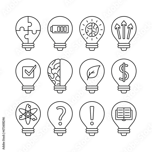 Lightbulbs insight problem solution line icons editable stroke set