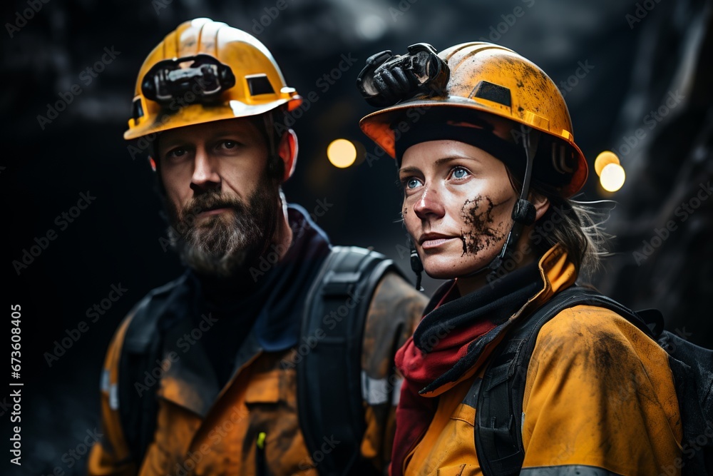 Fototapeta premium two people wearing safety jackets in the coal mining tunnel. Coal Mine. For may day and presentation background