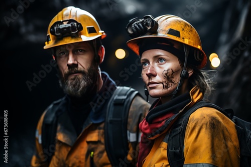 two people wearing safety jackets in the coal mining tunnel. Coal Mine. For may day and presentation background © danin