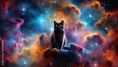 Cat in space and nebula. Gas cloud. Cosmic art. Galactic art. 4K - 8K - 12K TV. Generative AI. © Habelcaceres