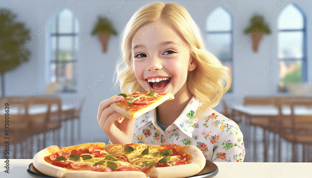 ピザを食べる金髪の少女.generative AI ピザを食べる金髪の少女.generative AI