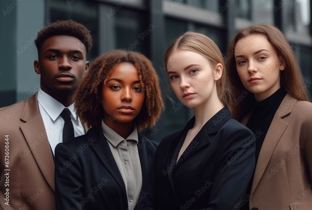 Four young people of different nationalities in business suits against the backdrop of business center. Four young people of different nationalities in business suits against the backdrop of business center.