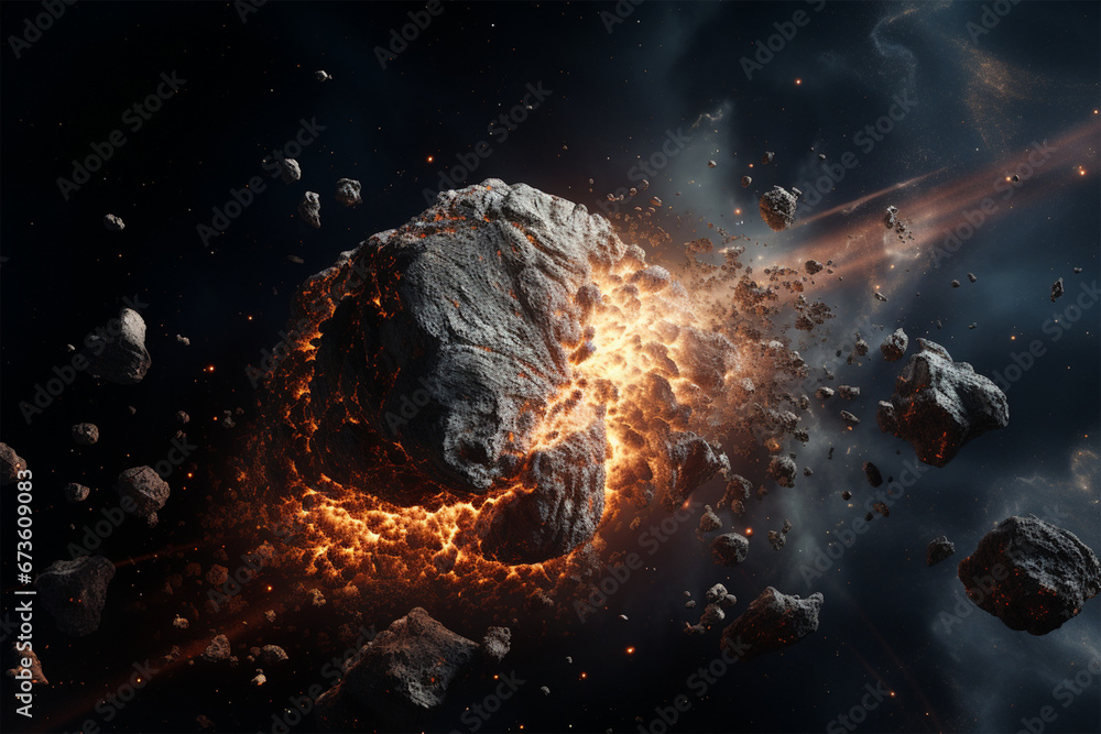 Fototapeta premium illustration of an asteroid collision in outer space