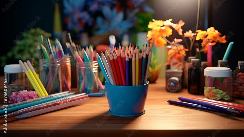 Obraz premium a table with pens and pencils