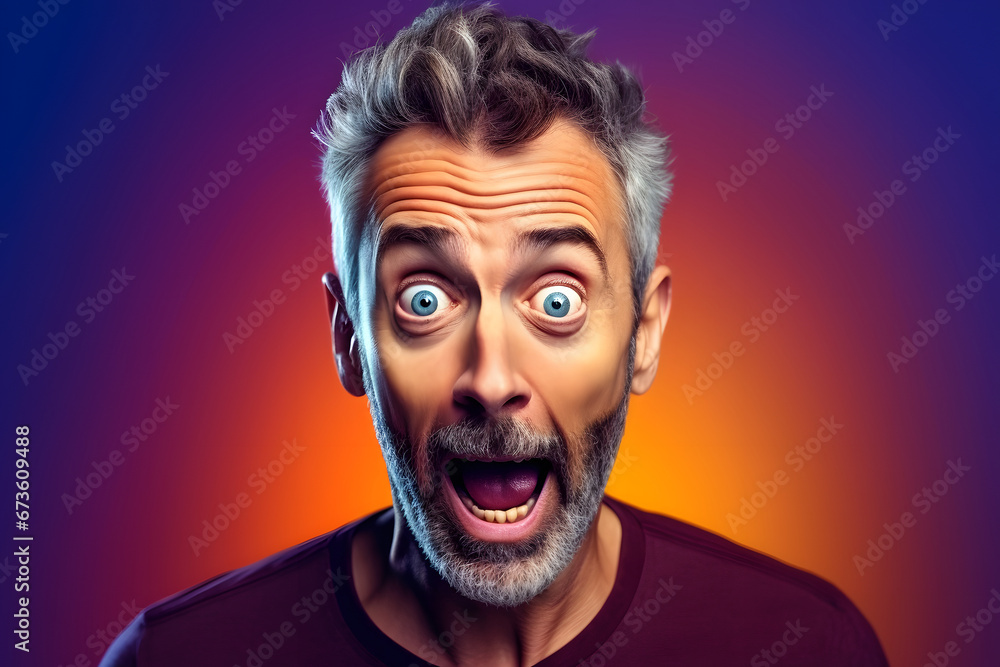 Surprised gray-haired Caucasian man on gradient background. Neural network generated image. Not based on any actual person or scene.