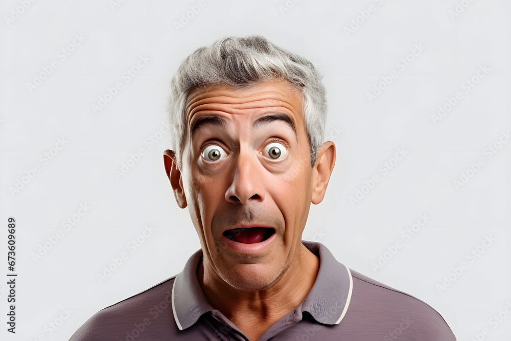 Surprised gray-haired Caucasian man on white background. Neural network generated image. Not based on any actual person or scene. Surprised gray-haired Caucasian man on white background. Neural network generated image. Not based on any actual person or scene.