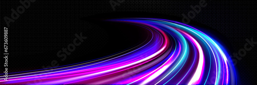 Fast speed light effect on black background. Vector realistic illustration of abstract neon color trail  night traffic motion trace  modern communication technology development  futuristic cyber space