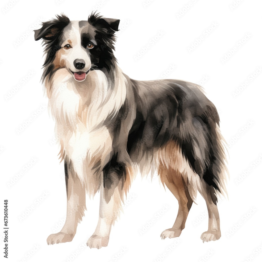 Border Collie dog breed watercolor illustration. Cute pet drawing isolated on white background.