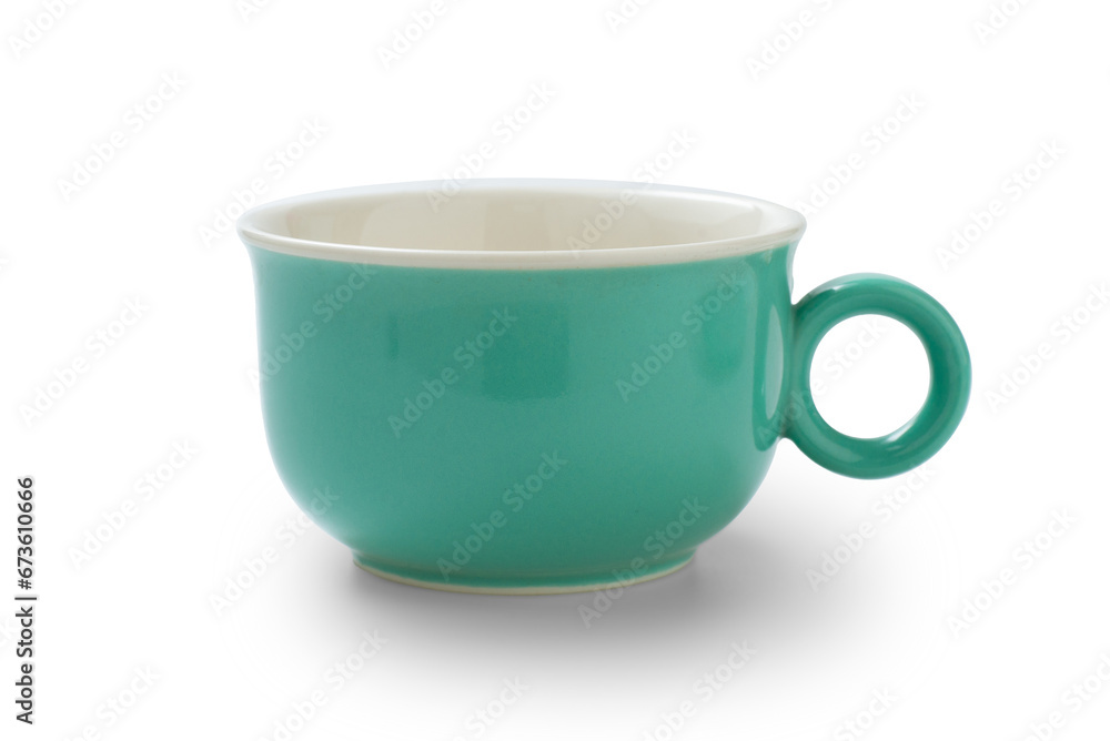 Empty coffee cup for cappuccino with latte art isolated on white background. Beautiful hot design in cafe shop, greenery ceramic cup stylish place for text. Blue ceramic mug for espresso, milk or tea Empty coffee cup for cappuccino with latte art isolated on white background. Beautiful hot design in cafe shop, greenery ceramic cup stylish place for text. Blue ceramic mug for espresso, milk or tea