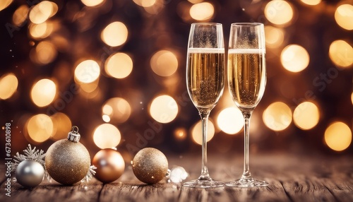 Two champagne flutes filled with bubbly champagne on a wooden table with Christmas ornaments scattered around them. The background is blurred and has warm bokeh lights.
