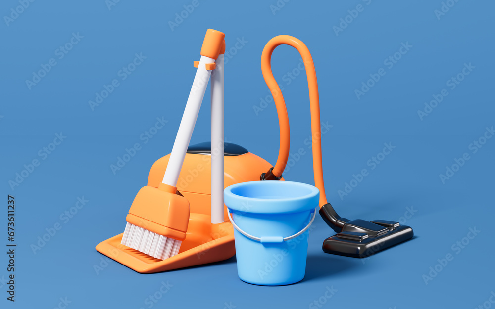 Cartoon vacuum cleaner, broom and pail in the blue background, 3d rendering. - obrazy, fototapety, plakaty 