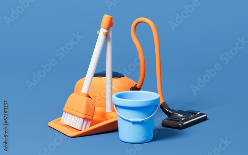 Cartoon vacuum cleaner, broom and pail in the blue background, 3d rendering.