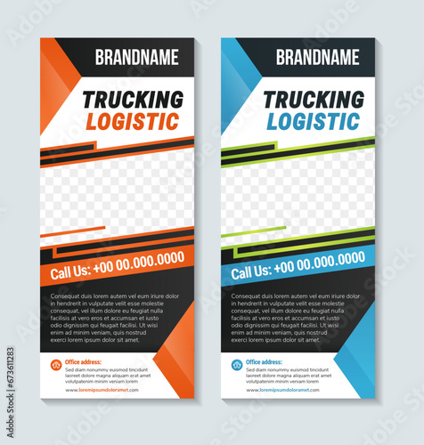trucking logistics and transport roll up banner design layout. Vertical banner design template. space for photo and text. multicolored brown and blue color on element and background. collection vector