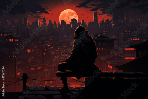 the view of a ninja sitting on top of a building photo