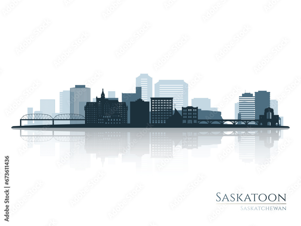 Saskatoon skyline silhouette with reflection. Landscape Saskatoon, Saskatchewan. Vector illustration.