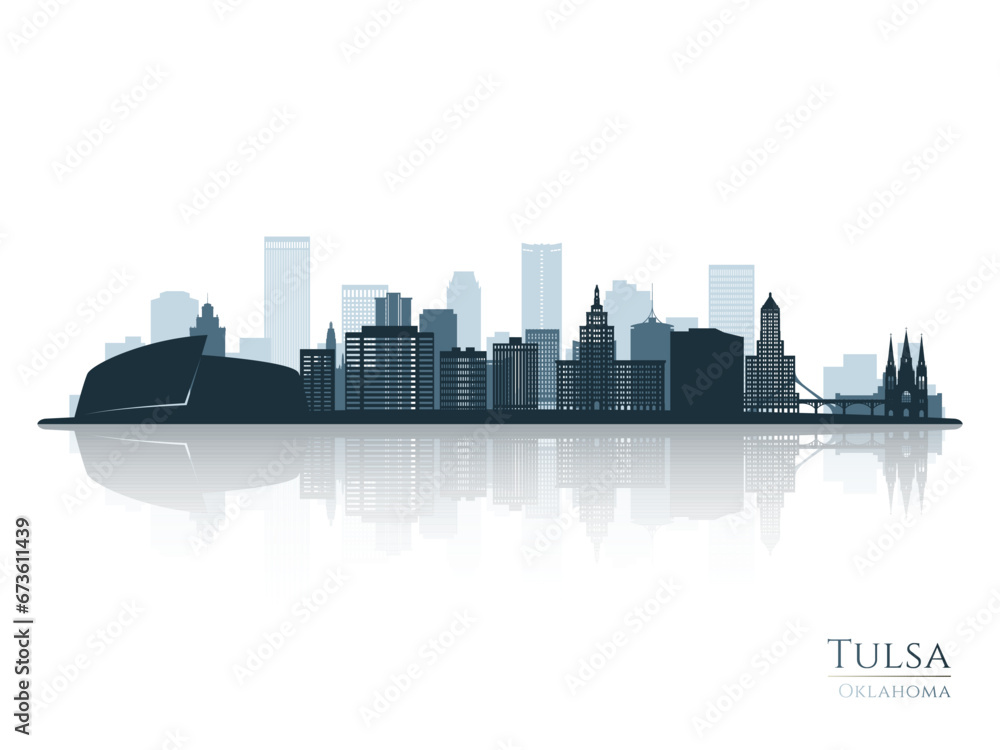 Tulsa skyline silhouette with reflection. Landscape Tulsa, Oklahoma. Vector illustration.