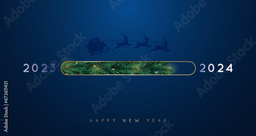 New Year golden loading bar. 2024 Year progress. Countdown, download screen. Loading in form of Christmas tree branches.