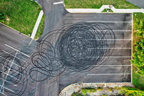 Aerial View of Burnt Runner Tire Tracks from Drifting
