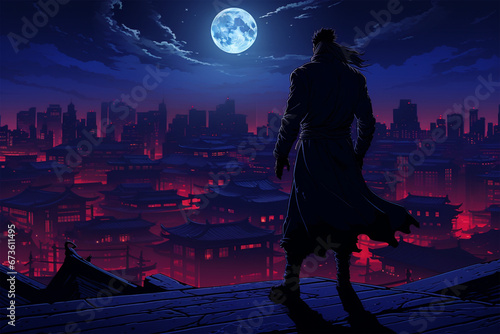 illustration of the view of a ninja on a city hill