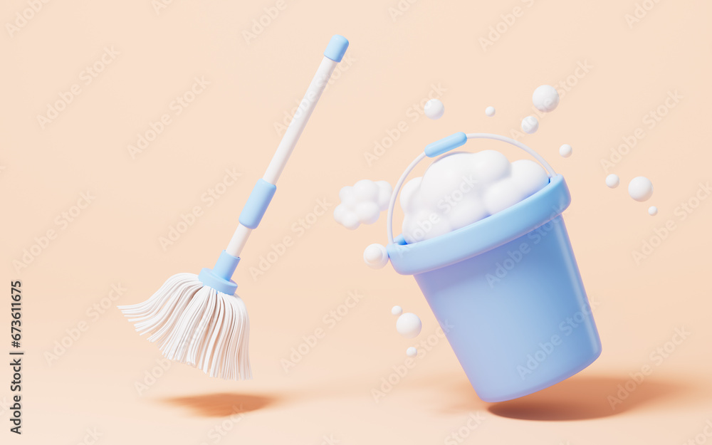 Cartoon mop and pail, do housework, 3d rendering. Cartoon mop and pail, do housework, 3d rendering.