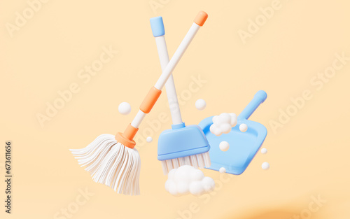 Cartoon mop and broom in the yellow background, 3d rendering.