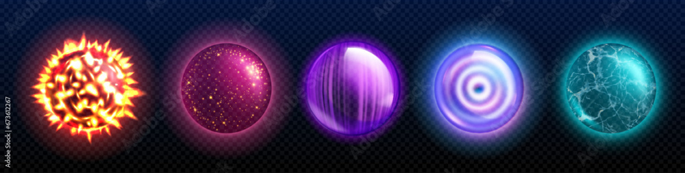 Fantasy glowing orb with magic power. Realistic vector illustration game assets set - colorful luminous globes of witch or wizard. Energy glass balls with neon light effect and shining plasma. - obrazy, fototapety, plakaty 