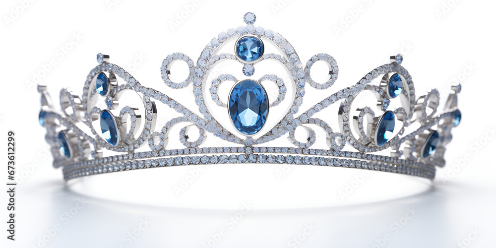A Silver Crown with blue crystal stone Isolated on a White Background
