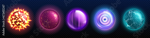 Fantasy glowing orb with magic power. Realistic vector illustration game assets set - colorful luminous globes of witch or wizard. Energy glass balls with neon light effect and shining plasma.