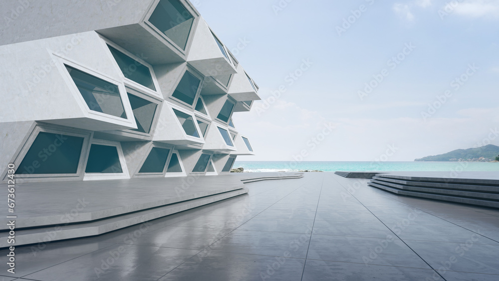 Abstract architecture design of modern building. Empty parking area concrete floor with beach and blue sky sea view. 3D rendering background image for car scene. - obrazy, fototapety, plakaty 