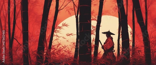 samurai walling in a red bamboo forest with sunset behind