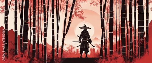 samurai walling in a red bamboo forest with sunset behind