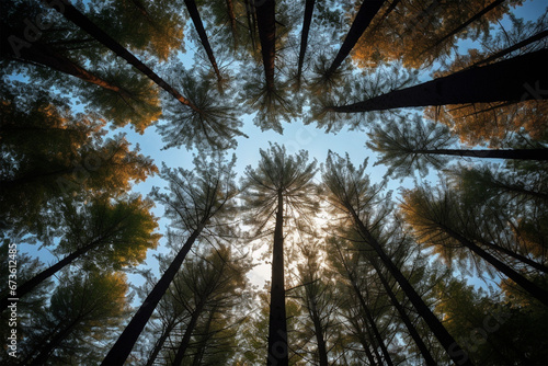 view of tall trees from below