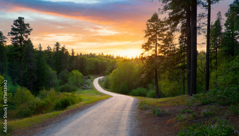 Fototapeta premium A serene sunset road winding through a forest