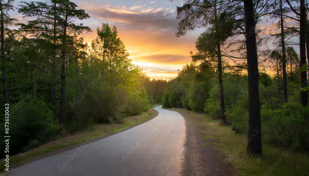 A serene sunset road winding through a forest