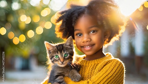 Black girl with curly hair and small yellow cat on her lap