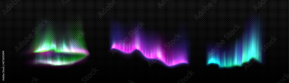 Colorful aurora borealis with neon glowing effect on dark transparent background. Realistic vector set of bright luminous streaks of northern lights on polar night sky. Arctic visual phenomenon