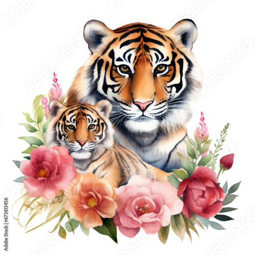 Cute mother tiger with baby with flowers Illustration  Generative Ai