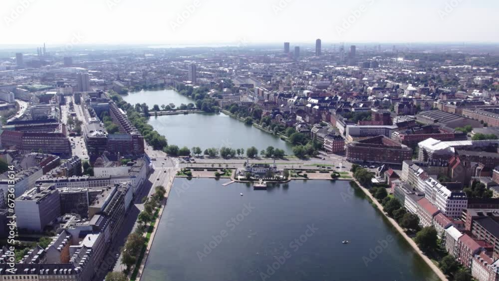 Fly towards Lake Pavilion in Copenhagen, Denmark Fly towards Lake Pavilion in Copenhagen, Denmark