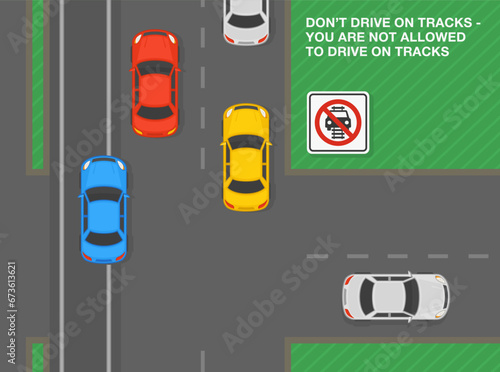 Safety driving tips and rules. Do not drive on tracks sign meaning. Top view of a junction road and light railway tracks. Flat vector illustration template.