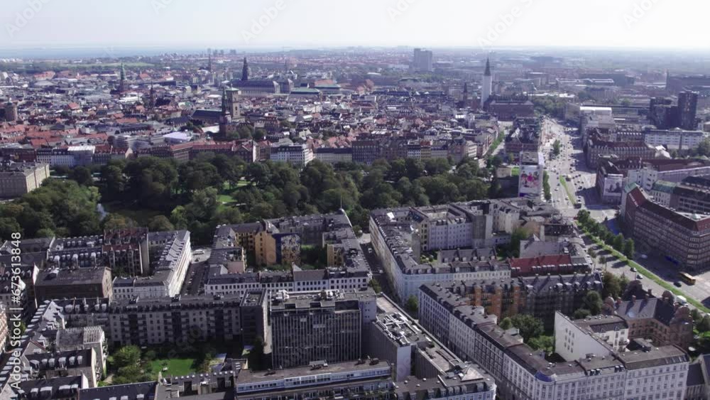 Aerial view of buildings, park and trafficked roads in Copenhagen Denmark Aerial view of buildings, park and trafficked roads in Copenhagen Denmark
