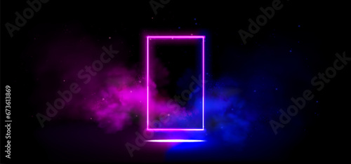 Neon light frame in cloud of smoke on black background. Vector realistic illustration of rectangle pink and blue border, transparent haze, stars sparkling in night sky, nightclub stage decoration