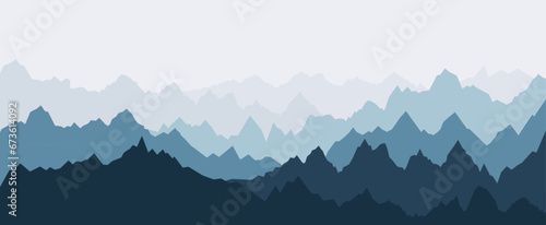 Mountains nature panorama. Rocks peaks, mountain silhouettes banner. Panoramic rocky landscape, decorative abstract decent vector background