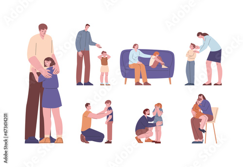 Parents children conflict. Family support and abusing, education process and childish disobedient. Kids crying and mischievous, parenthood kicky vector scenes